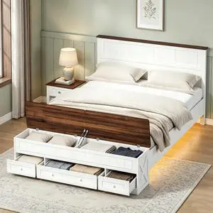 Farmhouse Queen Bed Frame with Headboard and Storage Bench (White) | Wooden Platform Bed Queen Size, LED Light Strip, 3 Drawers, 2 Flip-Top Compartments, Wood Slat Support, No Box Spring Needed Farmhouse Queen Bed Frame with Headboard and Storage Bench (White) | Wooden Platform Bed Queen Size, LED Light Strip, 3 Drawers, 2 Flip-Top Compartments, Wood Slat Support, No Box Spring Needed