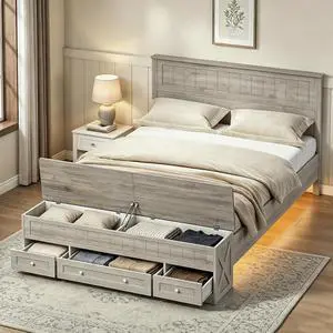 Farmhouse Queen Bed Frame with Headboard and Storage Bench (Rustic Gray) | Wooden Platform Bed Queen Size, LED Light Strip, 3 Drawers, 2 Flip-Top Compartments, Wood Slat Support, No Box Spring Needed Farmhouse Queen Bed Frame with Headboard and Storage Bench (Rustic Gray) | Wooden Platform Bed Queen Size, LED Light Strip, 3 Drawers, 2 Flip-Top Compartments, Wood Slat Support, No Box Spring Needed