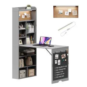 Wall Mounted Foldable Desk with LED and Corkboard, Space-Saving Fold Out Convertible Writing Table with Shelves & Magnetic Blackboard, Floating Murphy Desk Workstation for Home Office, Dorm (Gray) Wall Mounted Foldable Desk with LED and Corkboard, Space-Saving Fold Out Convertible Writing Table with Shelves & Magnetic Blackboard, Floating Murphy Desk Workstation for Home Office, Dorm (Gray)