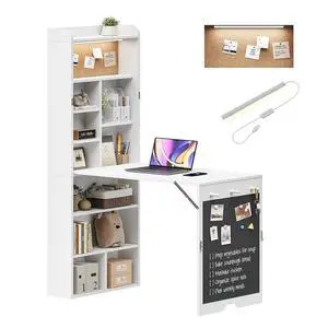 Wall Mounted Foldable Desk with LED and Corkboard, Space-Saving Fold Out Convertible Writing Table with Shelves & Magnetic Blackboard, Floating Murphy Desk Workstation for Home Office, Dorm (White) Wall Mounted Foldable Desk with LED and Corkboard, Space-Saving Fold Out Convertible Writing Table with Shelves & Magnetic Blackboard, Floating Murphy Desk Workstation for Home Office, Dorm (White)