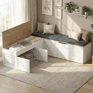 L-Shaped Corner Storage Bench with Cushion, Backless Wood Bench with Hidden Storage, for Dining Nook, Kitchen, Entryway, Cloakroom (Bench+Light Gray Cushion) L-Shaped Corner Storage Bench with Cushion, Backless Wood Bench with Hidden Storage, for Dining Nook, Kitchen, Entryway, Cloakroom (Bench+Light Gray Cushion)
