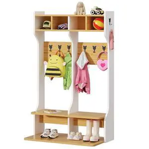 2-Section Coat Locker with Bench | Daycare Cubby Storage with 8 Hooks, Kindergarten Lockers with 4 Cubbies for Home, School, Nursery 2-Section Coat Locker with Bench | Daycare Cubby Storage with 8 Hooks, Kindergarten Lockers with 4 Cubbies for Home, School, Nursery