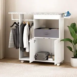Rolling Ironing Board with Storage Cabinet, Wooden Ironing Board Cabinet with Drawer, Compact Space-Saving Ironing Table with Iron Rest Rack for Laundry Room, Living Room (One Size, Curvilinear) Rolling Ironing Board with Storage Cabinet, Wooden Ironing Board Cabinet with Drawer, Compact Space-Saving Ironing Table with Iron Rest Rack for Laundry Room, Living Room (One Size, Curvilinear)