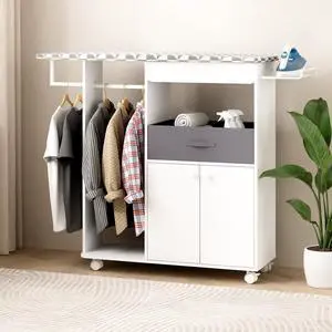 Rolling Ironing Board with Storage Cabinet, Wooden Ironing Board Cabinet with Drawer, Compact Space-Saving Ironing Table with Iron Rest Rack for Laundry Room, Living Room (One Size, Geometric) Rolling Ironing Board with Storage Cabinet, Wooden Ironing Board Cabinet with Drawer, Compact Space-Saving Ironing Table with Iron Rest Rack for Laundry Room, Living Room (One Size, Geometric)
