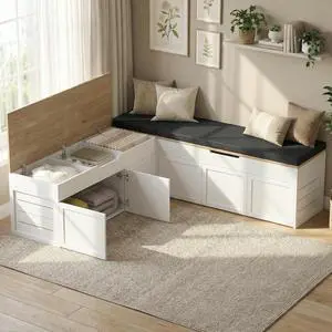 L-Shaped Corner Storage Bench with Cushion, Backless Wood Bench with Hidden Storage, for Dining Nook, Kitchen, Entryway, Cloakroom (Bench+Dark Gray Cushion) L-Shaped Corner Storage Bench with Cushion, Backless Wood Bench with Hidden Storage, for Dining Nook, Kitchen, Entryway, Cloakroom (Bench+Dark Gray Cushion)