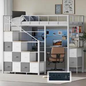 Twin Size Loft Bed with Desk, Stairs & LED Light, Metal Gaming Loft Bed Frame with Headboard, Safety Guardrail, Charging Station, Closet and 12 Fabric Drawers, Space Saving, White & Oak Twin Size Loft Bed with Desk, Stairs & LED Light, Metal Gaming Loft Bed Frame with Headboard, Safety Guardrail, Charging Station, Closet and 12 Fabric Drawers, Space Saving, White & Oak