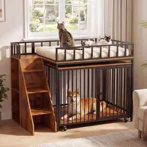 37" Dog Crate Furniture, Wooden Dog Kennel Indoor w/Storage(Rustic Brown) | Heavy Duty Pet Cage Indoor for Small & Medium Dogs, Dog Kennel with Storage Shelf, 4 Lockable Wheels and Stairs, Loft-Style 37" Dog Crate Furniture, Wooden Dog Kennel Indoor w/Storage(Rustic Brown) | Heavy Duty Pet Cage Indoor for Small & Medium Dogs, Dog Kennel with Storage Shelf, 4 Lockable Wheels and Stairs, Loft-Style