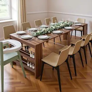 19.6"-118.1" Modern Extendable Dining Table with Outlet, 2 to 12 People Space Saving Expanding Table with Storage for Party, Weddings, Meetings, Celebrations (Brown) 19.6"-118.1" Modern Extendable Dining Table with Outlet, 2 to 12 People Space Saving Expanding Table with Storage for Party, Weddings, Meetings, Celebrations (Brown)