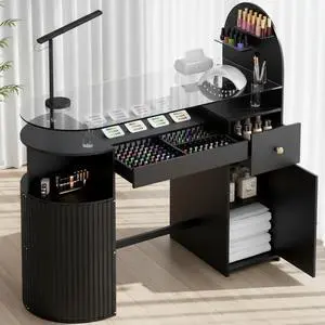 Manicure Table Nail Station with Tempered Glass Top, Professional Nail Tech Desk with Storage Cabinet & Drawer, Acetone Resistant, for Nail Beauty Salon Workstation(Black) Manicure Table Nail Station with Tempered Glass Top, Professional Nail Tech Desk with Storage Cabinet & Drawer, Acetone Resistant, for Nail Beauty Salon Workstation(Black)