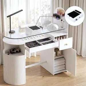 Manicure Table with Dust Collector, Professional Nail Tech Desk with Tempered Glass Top, Storage Cabinet & Drawer, Acetone Resistant, for Nail Beauty Salon Workstation(White) Manicure Table with Dust Collector, Professional Nail Tech Desk with Tempered Glass Top, Storage Cabinet & Drawer, Acetone Resistant, for Nail Beauty Salon Workstation(White)