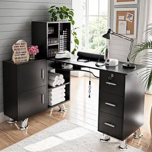 Manicure Table Nail Station w/Dust Collector - L-Shaped Nail Tech Table with Shelves, Storage Cabinets, Drawers, Metal Handles & Legs, Salon Wrist Rest, Beauty Salon Workstation Decor (Black) Manicure Table Nail Station w/Dust Collector - L-Shaped Nail Tech Table with Shelves, Storage Cabinets, Drawers, Metal Handles & Legs, Salon Wrist Rest, Beauty Salon Workstation Decor (Black)