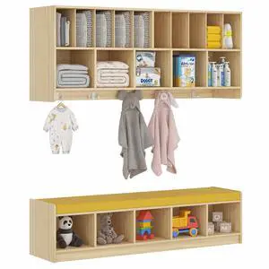 Wall Diaper Organizer for Daycares with Cubby Bench, Wooden Diaper Shelf with 5 Cubbies and 10 Small Storage, Daycare Cubbies for Nursery, Home, School Wall Diaper Organizer for Daycares with Cubby Bench, Wooden Diaper Shelf with 5 Cubbies and 10 Small Storage, Daycare Cubbies for Nursery, Home, School