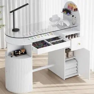 Manicure Table Nail Station with Tempered Glass Top, Professional Nail Tech Desk with Storage Cabinet & Drawer, Acetone Resistant, for Nail Beauty Salon Workstation(White) Manicure Table Nail Station with Tempered Glass Top, Professional Nail Tech Desk with Storage Cabinet & Drawer, Acetone Resistant, for Nail Beauty Salon Workstation(White)