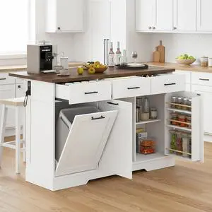 55" Drop Leaf Kitchen Island Table with Power Outlet, Large Stationary Breakfast Bar with Storage Drawers, Trash Cabinet, Adjustable Shelves, Towel Rod & Spice Rack (White & Walnut) 55" Drop Leaf Kitchen Island Table with Power Outlet, Large Stationary Breakfast Bar with Storage Drawers, Trash Cabinet, Adjustable Shelves, Towel Rod & Spice Rack (White & Walnut)
