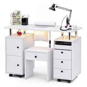 Nail Desk & Storage Stool Set for Nail Tech, Manicure Table w/Electric Dust Collector, LED Lights, Rolling Wheels, Hidden Storage Seat, Acetone Resistant, Professional Salon Workstation (White) Nail Desk & Storage Stool Set for Nail Tech, Manicure Table w/Electric Dust Collector, LED Lights, Rolling Wheels, Hidden Storage Seat, Acetone Resistant, Professional Salon Workstation (White)