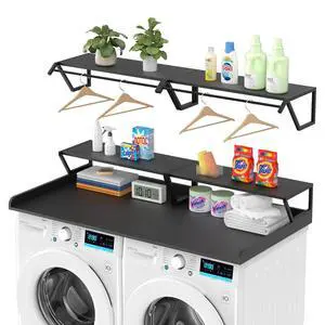Washer Dryer Countertop with Hanging Rod, Laundry Countertop with Shelf for Laundry Room Organization, Washer Dryer Topper with Raised Edges Black Washer Dryer Countertop with Hanging Rod, Laundry Countertop with Shelf for Laundry Room Organization, Washer Dryer Topper with Raised Edges Black