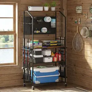 4-Tier Heavy Duty Fishing Rod Holders for Garage with Pegboard and Hooks, 65.7" Lockable Wheels Fishing Rod Rack Storage Up to 12 Rods, Fishing Pole Stand for Fishing Gear & Equipment 4-Tier Heavy Duty Fishing Rod Holders for Garage with Pegboard and Hooks, 65.7" Lockable Wheels Fishing Rod Rack Storage Up to 12 Rods, Fishing Pole Stand for Fishing Gear & Equipment