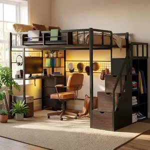 Full Size Loft Bed with Desk and Stairs, Headboard, Wardrobe, Bedside Storage Shelf, 6 Drawers, Charging Station & LED Light, Metal Gaming Loft Bed Frame for Adult Space-Saving, Black & Walnut Full Size Loft Bed with Desk and Stairs, Headboard, Wardrobe, Bedside Storage Shelf, 6 Drawers, Charging Station & LED Light, Metal Gaming Loft Bed Frame for Adult Space-Saving, Black & Walnut
