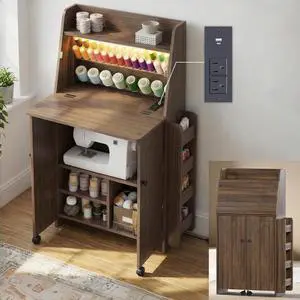 Foldable Sewing Machine Cabinet, Sewing Table with Storage for Small Spaces | 33-Spool Thread Organizer, Adjustable LED Lighting, USB & AC Charging Station, Foldable Space Saving Design, Storage Shelv Foldable Sewing Machine Cabinet, Sewing Table with Storage for Small Spaces | 33-Spool Thread Organizer, Adjustable LED Lighting, USB & AC Charging Station, Foldable Space Saving Design, Storage Shelv