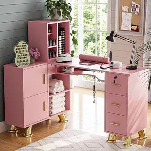 Manicure Table Nail Station w/Dust Collector - L-Shaped Nail Tech Table with Shelves, Storage Cabinets, Drawers, Metal Handles & Legs, Salon Wrist Rest, Beauty Salon Workstation Decor (Pink) Manicure Table Nail Station w/Dust Collector - L-Shaped Nail Tech Table with Shelves, Storage Cabinets, Drawers, Metal Handles & Legs, Salon Wrist Rest, Beauty Salon Workstation Decor (Pink)