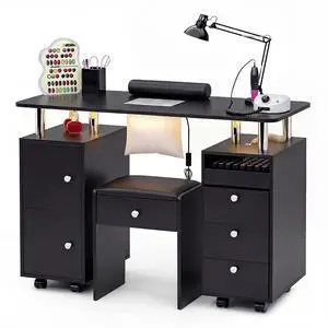 Nail Desk & Storage Stool Set for Nail Tech, Manicure Table w/Electric Dust Collector, LED Lights, Rolling Wheels, Hidden Storage Seat, Acetone Resistant, Professional Salon Workstation (Black) Nail Desk & Storage Stool Set for Nail Tech, Manicure Table w/Electric Dust Collector, LED Lights, Rolling Wheels, Hidden Storage Seat, Acetone Resistant, Professional Salon Workstation (Black)