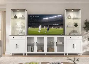 116.5" Entertainment Center for TVs up to 75 | Glass Display Cabinets with Spotlights, Adjustable Shelf, Elevated Leg Design for Living Room, Bedroom 116.5" Entertainment Center for TVs up to 75 | Glass Display Cabinets with Spotlights, Adjustable Shelf, Elevated Leg Design for Living Room, Bedroom