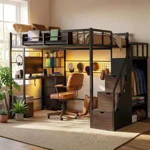 Twin Loft Bed with Desk, Storage Stairs & Wardrobe, Metal Loft Bed Frame w/Headboard, Bedside Shelf, Charging Station & 6 Drawers, LED Gaming Bed for Adult Space-Saving, Black & Walnut Twin Loft Bed with Desk, Storage Stairs & Wardrobe, Metal Loft Bed Frame w/Headboard, Bedside Shelf, Charging Station & 6 Drawers, LED Gaming Bed for Adult Space-Saving, Black & Walnut