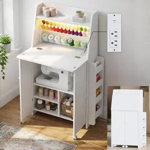Foldable Sewing Machine Cabinet, Sewing Table with Storage for Small Spaces | 33-Spool Thread Organizer, Adjustable LED Lighting, USB & AC Charging Station, Foldable Space Saving Design, Storage Shelv Foldable Sewing Machine Cabinet, Sewing Table with Storage for Small Spaces | 33-Spool Thread Organizer, Adjustable LED Lighting, USB & AC Charging Station, Foldable Space Saving Design, Storage Shelv