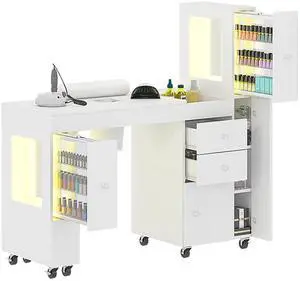 Manicure Table for Nail Tech w/ LED Light Display Cabinet, Nail Desk with Lockable Wheels, Dust Collector, Drawers, Wrist Rest, Acetone-Resistant, for Beauty Salon, Spa & Home Workstation (White) Manicure Table for Nail Tech w/ LED Light Display Cabinet, Nail Desk with Lockable Wheels, Dust Collector, Drawers, Wrist Rest, Acetone-Resistant, for Beauty Salon, Spa & Home Workstation (White)