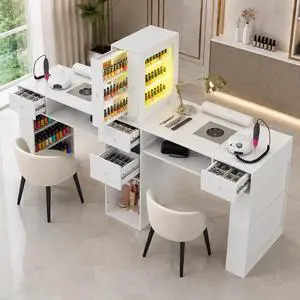 Double Manicure Table 76.5" Wide, 2 Person Nail Desk w/LED Light & Dust Collector, Professional Salon Workstation w/Storage Drawers, Hand Rest, for Nail Techs Beauty Salon Double Manicure Table 76.5" Wide, 2 Person Nail Desk w/LED Light & Dust Collector, Professional Salon Workstation w/Storage Drawers, Hand Rest, for Nail Techs Beauty Salon