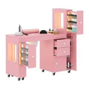 Manicure Table for Nail Tech w/ LED Light Display Cabinet, Nail Desk with Lockable Wheels, Dust Collector, Drawers, Wrist Rest, Acetone-Resistant, for Beauty Salon, Spa & Home Workstation (Pink) Manicure Table for Nail Tech w/ LED Light Display Cabinet, Nail Desk with Lockable Wheels, Dust Collector, Drawers, Wrist Rest, Acetone-Resistant, for Beauty Salon, Spa & Home Workstation (Pink)