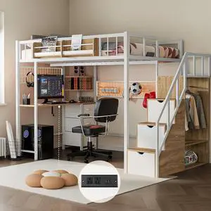 Twin Loft Bed with Desk, Storage Stairs & Wardrobe, Metal Loft Bed Frame w/Headboard, Bedside Shelf, Charging Station & 6 Drawers, LED Gaming Bed for Adult Space-Saving Twin Loft Bed with Desk, Storage Stairs & Wardrobe, Metal Loft Bed Frame w/Headboard, Bedside Shelf, Charging Station & 6 Drawers, LED Gaming Bed for Adult Space-Saving