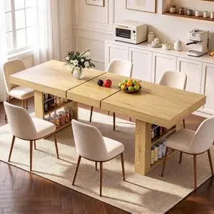63"-78" Extendable Dining Table Rectangle Kitchen Table for 6-8 (Natural) | Table Leg Storage Shelf, Thickened Natural Wood Grain Tabletop, Modern Farmhouse Style, Kitchen, Dining, Office, Gatherings 63"-78" Extendable Dining Table Rectangle Kitchen Table for 6-8 (Natural) | Table Leg Storage Shelf, Thickened Natural Wood Grain Tabletop, Modern Farmhouse Style, Kitchen, Dining, Office, Gatherings