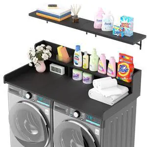 Washer Dryer Countertop with Floating Shelf, Wooden Laundry Countertop Over Washer and Dryer with Storage, 2-Tier Anti-Slip Laundry Machine Topper (Black) Washer Dryer Countertop with Floating Shelf, Wooden Laundry Countertop Over Washer and Dryer with Storage, 2-Tier Anti-Slip Laundry Machine Topper (Black)