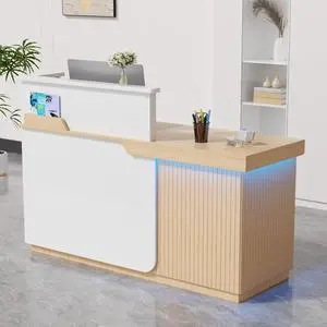 Modern Reception Desk with LED, 63 Fluted Front Desk with Lockable Drawer, Cabinet and Sliding Tray, Large Reception Counter Table for Office Lobby Nail Salon Clinic (Maple) Modern Reception Desk with LED, 63 Fluted Front Desk with Lockable Drawer, Cabinet and Sliding Tray, Large Reception Counter Table for Office Lobby Nail Salon Clinic (Maple)