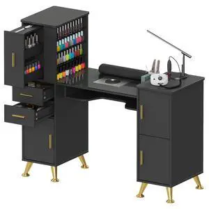 Manicure Table Nail Desk with Glass Top & Wrist Rest, Nail Station with Dust Collector & 4 Dust Bags, Beauty Salon Workstation with Storage Drawers & Cabinet (Black) Manicure Table Nail Desk with Glass Top & Wrist Rest, Nail Station with Dust Collector & 4 Dust Bags, Beauty Salon Workstation with Storage Drawers & Cabinet (Black)