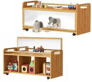 Montessori Rolling Cabinet with Mirror, Push Handles & Lockable Casters | Flip-Up Mirror with Two Viewing Heights, 3 Open Storage Compartments, Rounded Edges, Ideal for Daycare, Classroom & Home Montessori Rolling Cabinet with Mirror, Push Handles & Lockable Casters | Flip-Up Mirror with Two Viewing Heights, 3 Open Storage Compartments, Rounded Edges, Ideal for Daycare, Classroom & Home