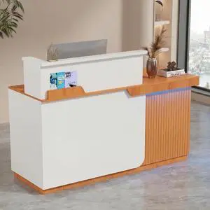 Modern Reception Desk with LED, 63 Fluted Front Desk with Lockable Drawer, Cabinet and Sliding Tray, Large Reception Counter Table for Office Lobby Nail Salon Clinic (Red Oak) Modern Reception Desk with LED, 63 Fluted Front Desk with Lockable Drawer, Cabinet and Sliding Tray, Large Reception Counter Table for Office Lobby Nail Salon Clinic (Red Oak)