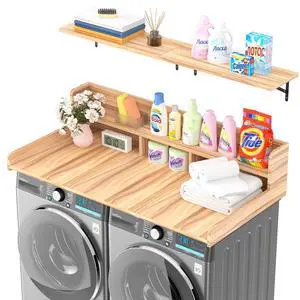 Washer Dryer Countertop, Laundry Counter Top Over Machines, Washer Dryer Topper for Storage, 2 Tier Wood Shelf Topper with Storage Space for Small Apartment (Wood, 53.9 * 27.5 * 12) Washer Dryer Countertop, Laundry Counter Top Over Machines, Washer Dryer Topper for Storage, 2 Tier Wood Shelf Topper with Storage Space for Small Apartment (Wood, 53.9 * 27.5 * 12)