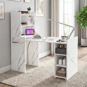 Foldable Manicure Table Nail Desk, Extendable Nail Tech Table with Storage Shelves & a Fabric Drawer, Wall Mount Nail Station Modern Multipurpose Table Home Office Beauty Spa Salon, White Marble Foldable Manicure Table Nail Desk, Extendable Nail Tech Table with Storage Shelves & a Fabric Drawer, Wall Mount Nail Station Modern Multipurpose Table Home Office Beauty Spa Salon, White Marble