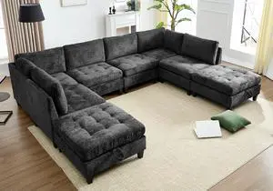Modular Sectional Sofa, Chenille Cloud Couch with Storage Ottoman | Sturdy Wood Frame, Reinforced Coil Springs, Deep Seat, Thick Cushions, Flexible Configurations, Removable Washable Covers Modular Sectional Sofa, Chenille Cloud Couch with Storage Ottoman | Sturdy Wood Frame, Reinforced Coil Springs, Deep Seat, Thick Cushions, Flexible Configurations, Removable Washable Covers