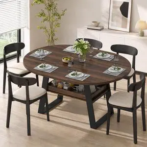 43"-59" Extendable Round Dining Table for 4-8 Oval Kitchen Table, Walnut | Pull-Out Large Capacity Storage Shelf, Sturdy Metal Frame, Space Saving Modern Design, Small Apartment, Kitchen, Living Room 43"-59" Extendable Round Dining Table for 4-8 Oval Kitchen Table, Walnut | Pull-Out Large Capacity Storage Shelf, Sturdy Metal Frame, Space Saving Modern Design, Small Apartment, Kitchen, Living Room