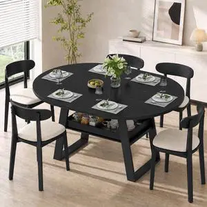 43"-59" Extendable Round Dining Table for 4-8 Oval Kitchen Table, Black | Pull-Out Large Capacity Storage Shelf, Sturdy Metal Frame, Space Saving Modern Design, Small Apartment, Kitchen, Living Room 43"-59" Extendable Round Dining Table for 4-8 Oval Kitchen Table, Black | Pull-Out Large Capacity Storage Shelf, Sturdy Metal Frame, Space Saving Modern Design, Small Apartment, Kitchen, Living Room