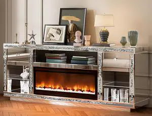 Mirrored TV Stand with Fireplace for 70 Inch TVs, Silver Fireplace TV Stand with LED, Electric Fireplace Modern Media Console with Drawers for Living Room, Bedroom Mirrored TV Stand with Fireplace for 70 Inch TVs, Silver Fireplace TV Stand with LED, Electric Fireplace Modern Media Console with Drawers for Living Room, Bedroom