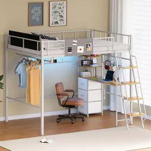 Full Size Loft Bed with Desk & Stairs, Metal Heavy Duty Loft Bed Frame w/Charging Station, LED Lights, Safety Guardrail, Storage Drawers & Shelves for Adults Teens & Kids, Space-Saving, White Full Size Loft Bed with Desk & Stairs, Metal Heavy Duty Loft Bed Frame w/Charging Station, LED Lights, Safety Guardrail, Storage Drawers & Shelves for Adults Teens & Kids, Space-Saving, White