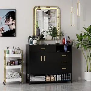 Salon Station with LED Mirror for Hair Styling, Black | Free Standing Barber Cabinet with 4 Drawers & 3 Hair Dryer Holders, Modern Beauty Dresser & Salon Spa Equipment Salon Station with LED Mirror for Hair Styling, Black | Free Standing Barber Cabinet with 4 Drawers & 3 Hair Dryer Holders, Modern Beauty Dresser & Salon Spa Equipment