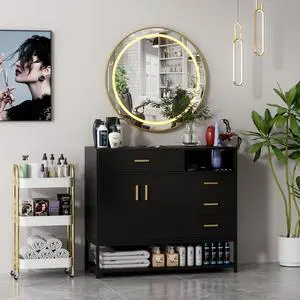 Salon Station with LED Mirror for Hair Styling, Black | Free Standing Barber Cabinet with 4 Drawers & 3 Hair Dryer Holders, Modern Beauty Dresser & Salon Spa Equipment Salon Station with LED Mirror for Hair Styling, Black | Free Standing Barber Cabinet with 4 Drawers & 3 Hair Dryer Holders, Modern Beauty Dresser & Salon Spa Equipment