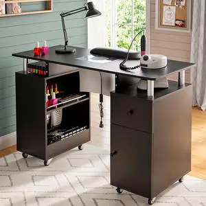 Manicure Table Nail Desk for Nail Tech with Dust Collector & Wrist Rest, Acetone Resistant Beauty Salon Station with Lockable Wheels, Black Manicure Table Nail Desk for Nail Tech with Dust Collector & Wrist Rest, Acetone Resistant Beauty Salon Station with Lockable Wheels, Black