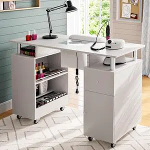 Manicure Table Nail Desk for Nail Tech with Dust Collector & Wrist Rest, Acetone Resistant Beauty Salon Station with Lockable Wheels, White Manicure Table Nail Desk for Nail Tech with Dust Collector & Wrist Rest, Acetone Resistant Beauty Salon Station with Lockable Wheels, White