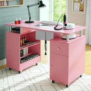 Manicure Table Nail Desk for Nail Tech with Dust Collector & Wrist Rest, Acetone Resistant Beauty Salon Station with Lockable Wheels, Pink Manicure Table Nail Desk for Nail Tech with Dust Collector & Wrist Rest, Acetone Resistant Beauty Salon Station with Lockable Wheels, Pink